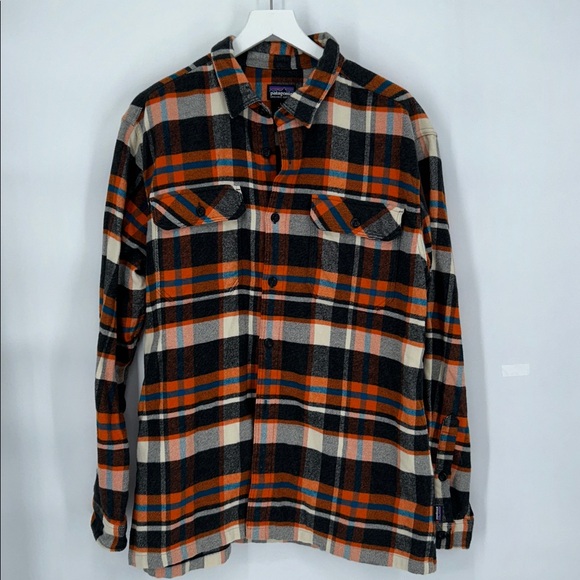 Patagonia Organic Cotton Plaid Shirt - Orange, Blue, and Gray Size Large - Picture 3 of 11